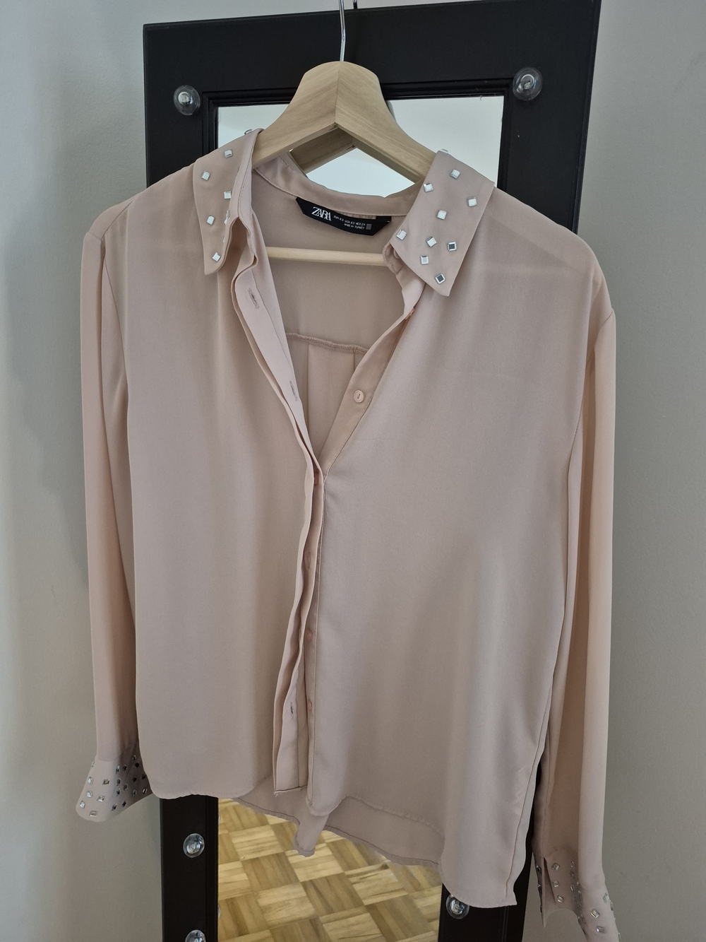 Zara Pale Pink Studded Collar Long-Sleeve Blouse